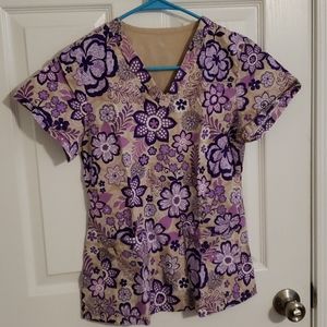 Med Couture Small Women's Scrub Top Purple Floral